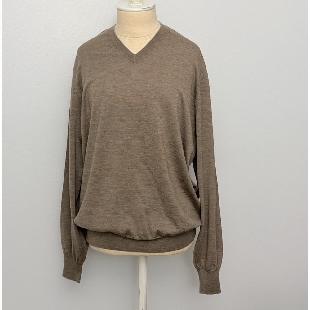 Brunello Cucinelli Cashmere Wool Blend V Neck Beige Brown Sweater Men's Large/52 - Picture 2 of 14